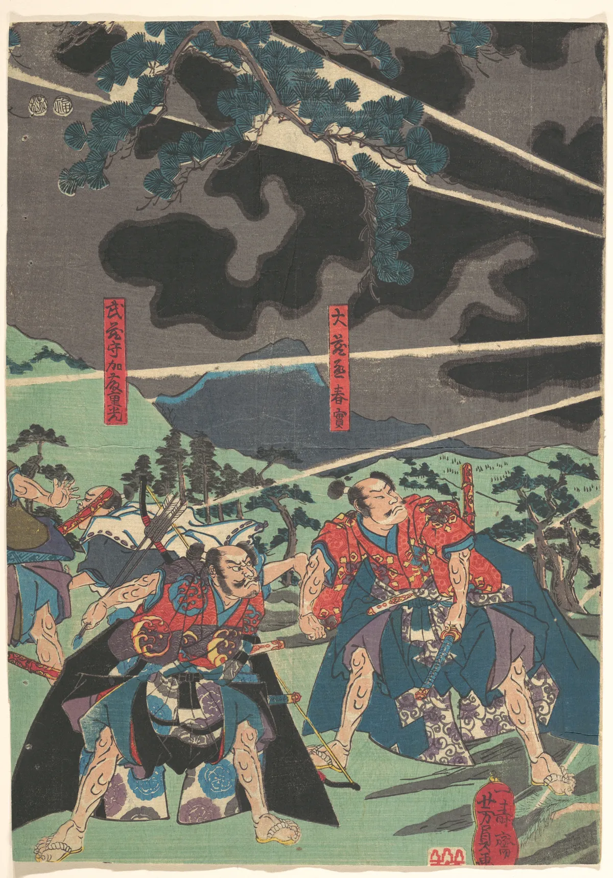 Dragon Appearing to  Minamoto no Mitsunaka During a Visit to Sumiyoshi Shrine, with Ōkuranojō Haruzane and Musashinokami Katō Shigemitsu | Utagawa Yoshikazu - 浮世繪畫廊